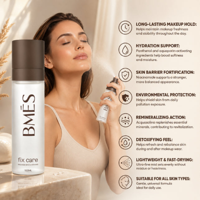 BMÉS Fix Care Spray idratante e fissante 3.38 oz (100 ml) - Tenuta del trucco, rivitalizzazione della pelle e protezione quotidiana