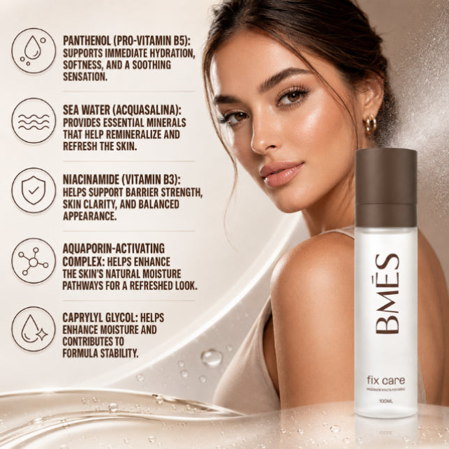BMÉS Fix Care Spray idratante e fissante 3.38 oz (100 ml) - Tenuta del trucco, rivitalizzazione della pelle e protezione quotidiana