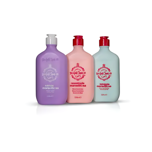 A clean studio shot of the three Gold Spell Co. Cronoterapia 250ml hair masks – pink for Reconstruction, purple for Nutrition, and light blue for Hydration – part of the personalized hair schedule treatment kit - Buy now at MKPBR.COM - Worldwide Shipping